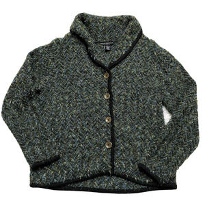 Sarah Spencer Wool Blend PL Cardigan Sweater Petite Black Trim FLAW READ